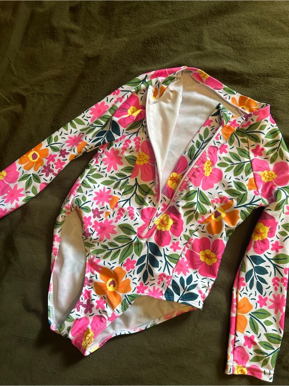 Girls Floral Long Sleeve One-Piece Swimsuit - Pink & Orange Flowers - Picture 3 of 4